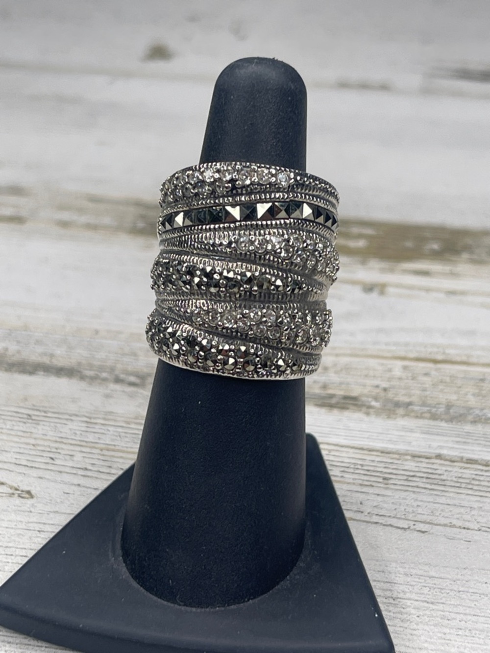 Sterling Silver Marcasite Crystal Multi Band Statement Ring - Picture 9 of 9